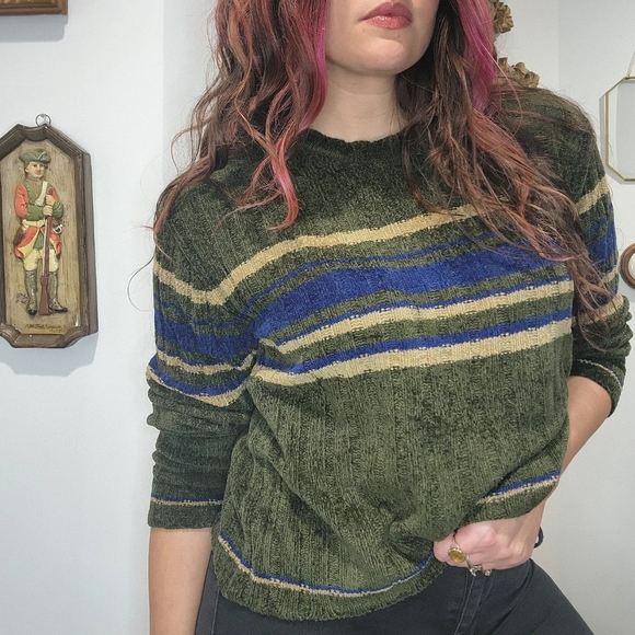 Vintage 2000s Y2k Acrylic Shiny Knit Cropped Sweater Green Stripe Womens S* - Picture 1 of 8